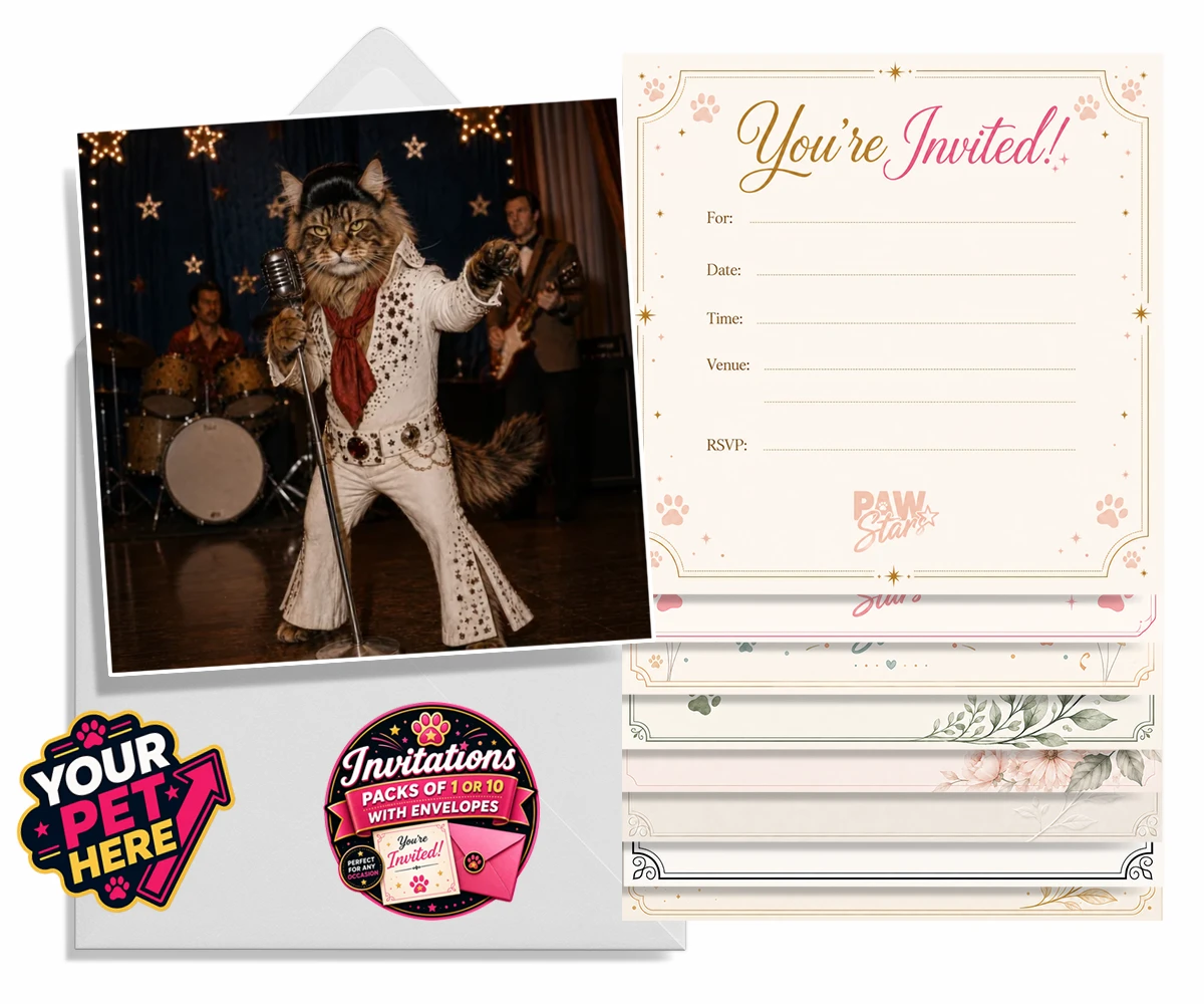 Personalised invitation featuring Rock ’n’ Roll Pet cat in a sparkling jumpsuit and red scarf by a vintage microphone