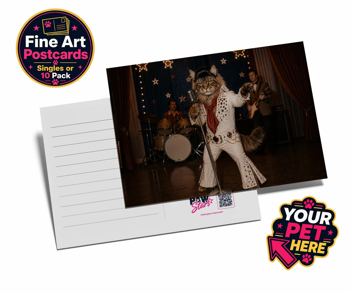 Personalised Rock ’n’ Roll cat postcard featuring a cat in a sparkling white jumpsuit and red scarf at a microphone