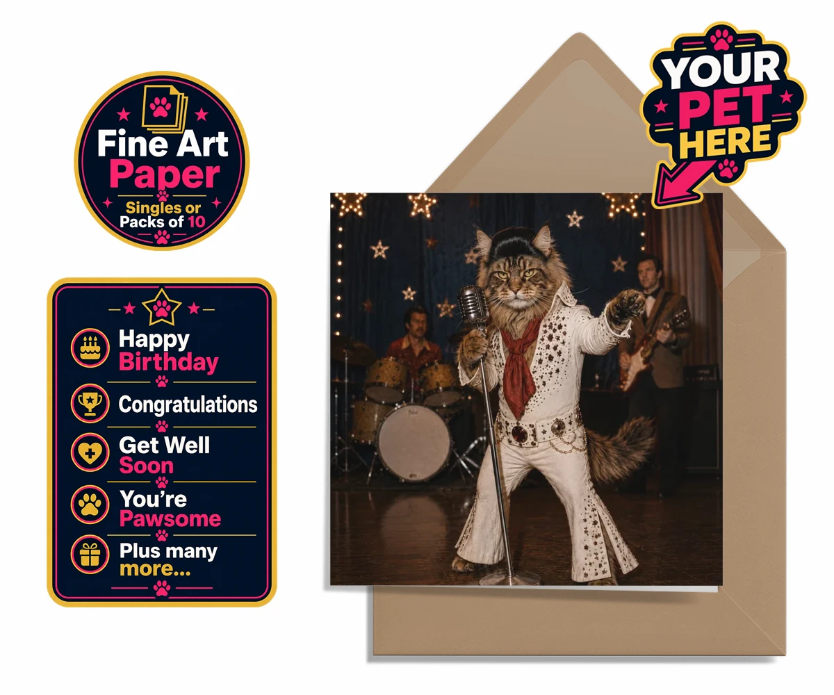 Personalised greetings card featuring a Rock ’n’ Roll Cat in a sparkling white jumpsuit and red scarf