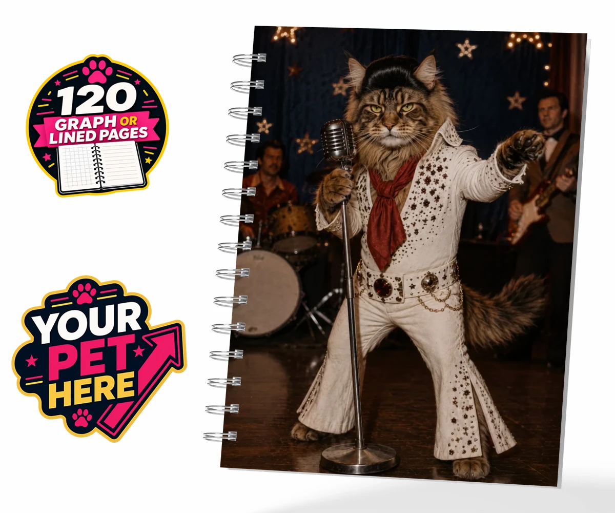 Personalised notebook featuring Rock ’n’ Roll Pet cat in a sparkling jumpsuit and red scarf at a vintage microphone