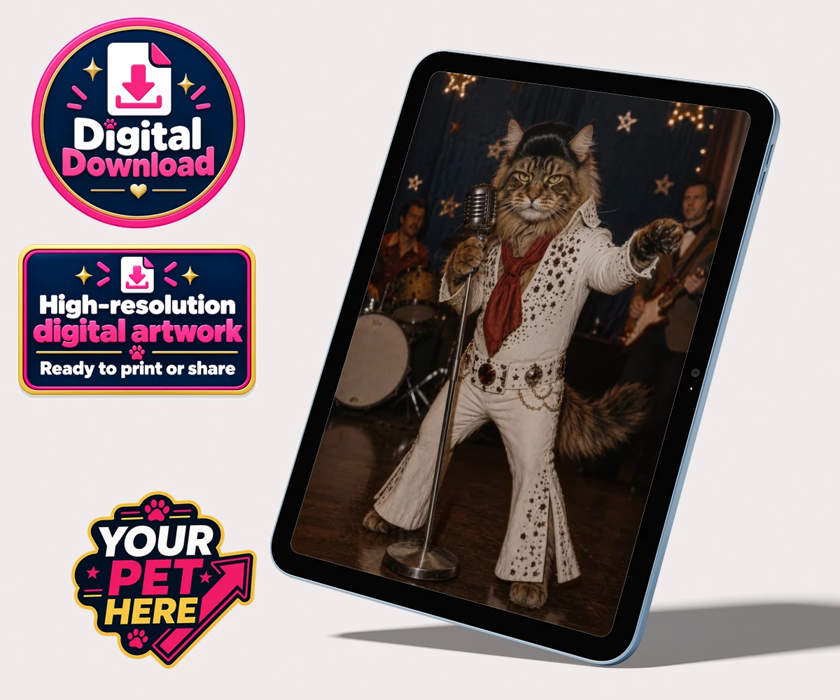 Personalised Rock ’n’ Roll Pet cat personalised digital downloads featuring a dazzling feline superstar ready to steal the show!