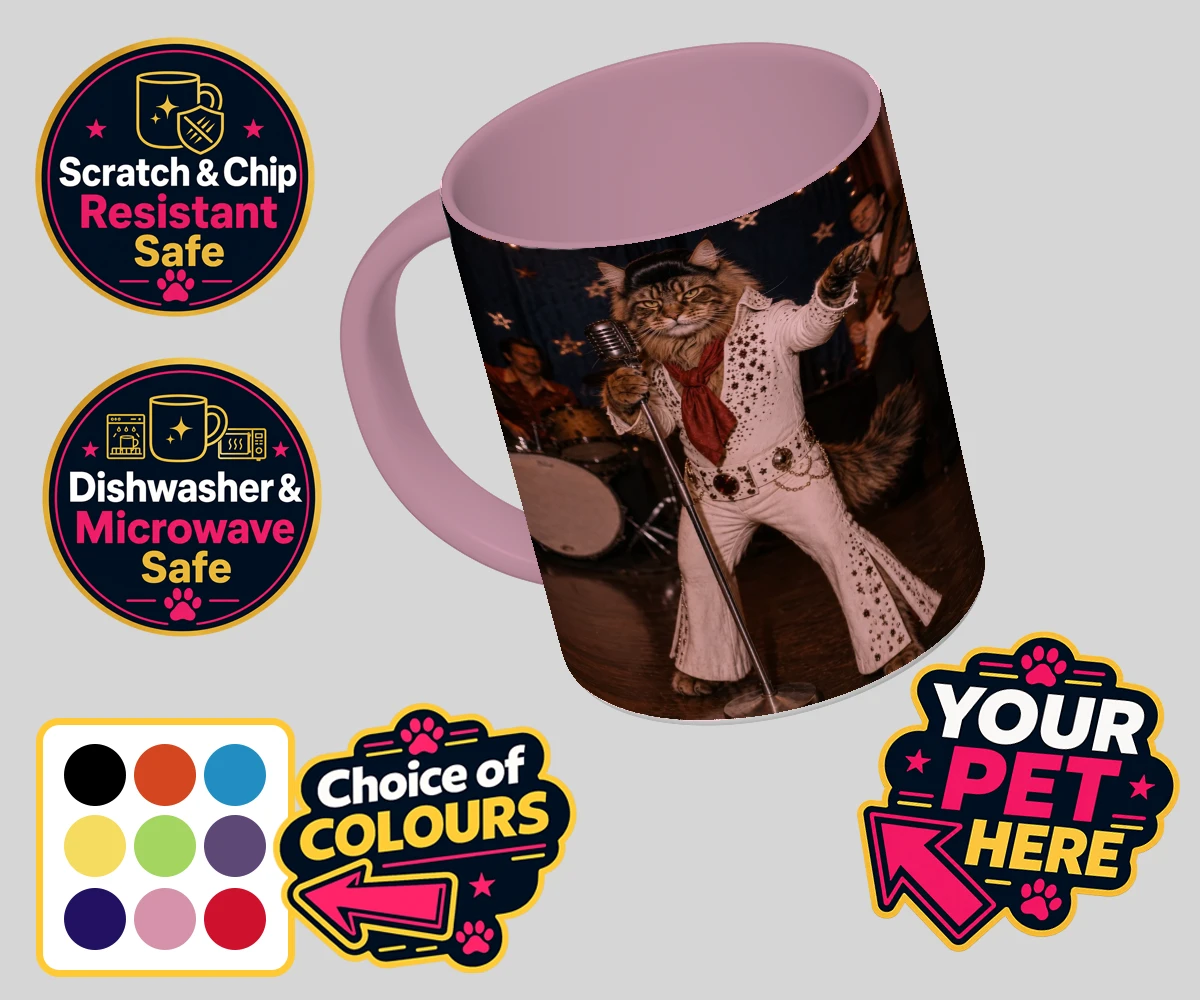 Personalised photo mug featuring Rock ’n’ Roll Pet cat in a white sequined jumpsuit with a red scarf