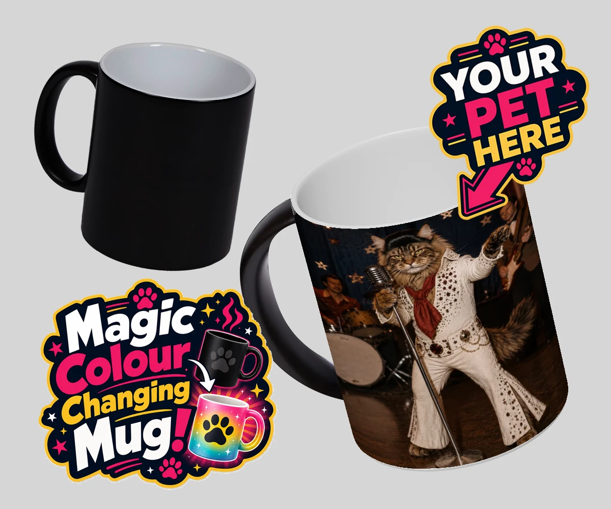 Personalised Rock ’n’ Roll Pet magic photo mug featuring a cat in a white sequined jumpsuit and red scarf