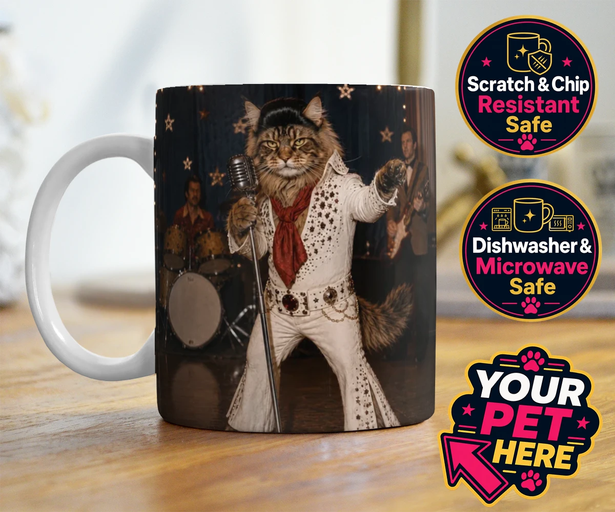 Personalised mug featuring Rock ’n’ Roll Pet cat in a white jumpsuit and red scarf at a vintage microphone