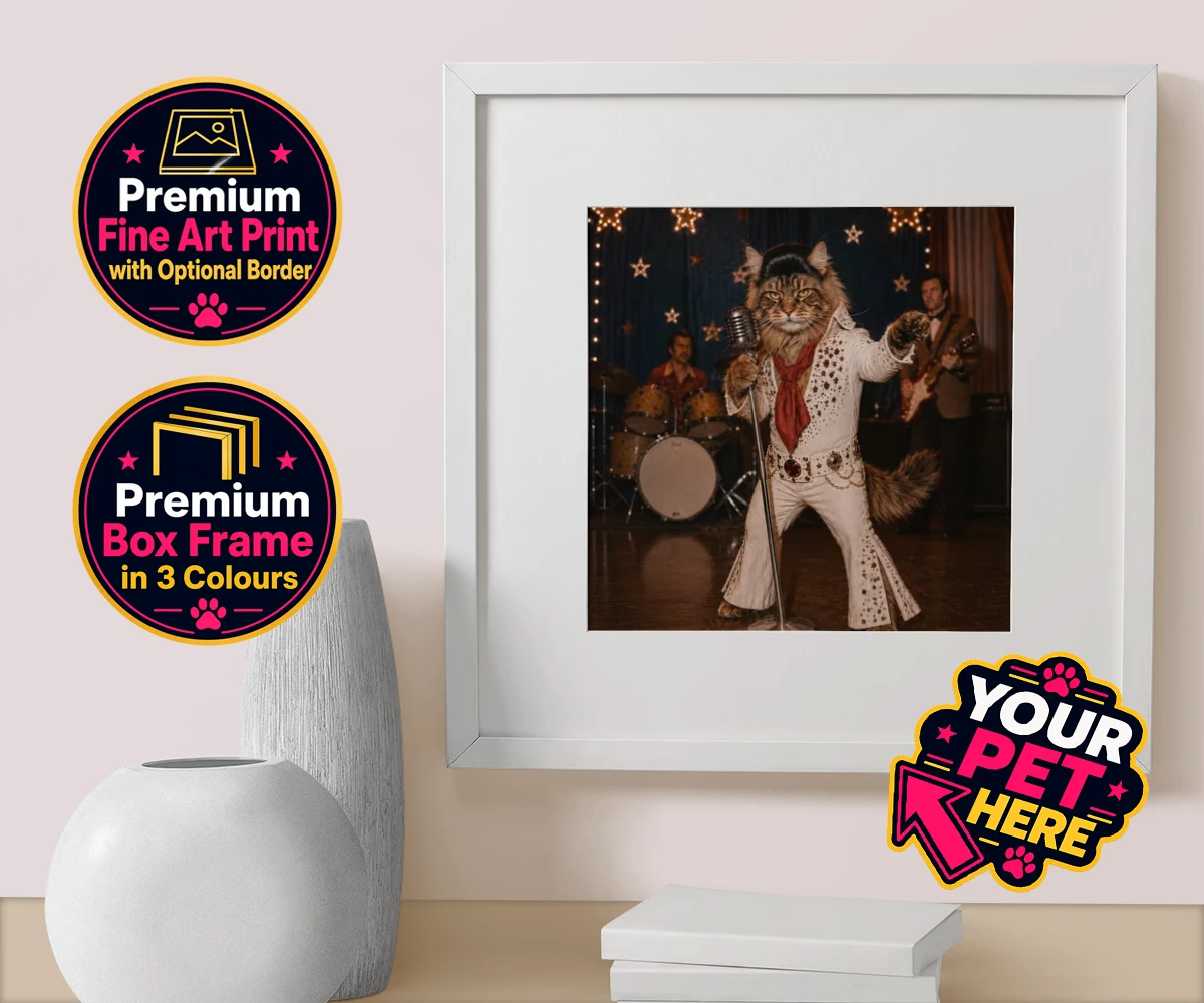 Personalised box framed print of Rock ’n’ Roll cat wearing a sparkling white jumpsuit and red scarf