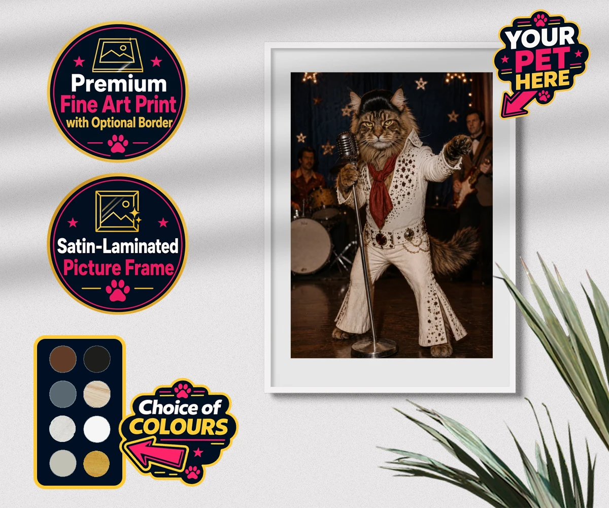 Personalised framed print of Rock ’n’ Roll Cat, a cat in a sparkling white jumpsuit and red scarf with a vintage microphone