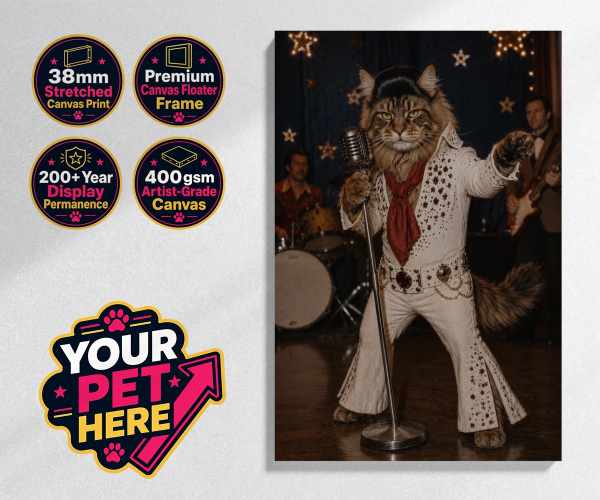 Personalised stretched canvas print of Rock ’n’ Roll cat wearing a sequined jumpsuit and red scarf