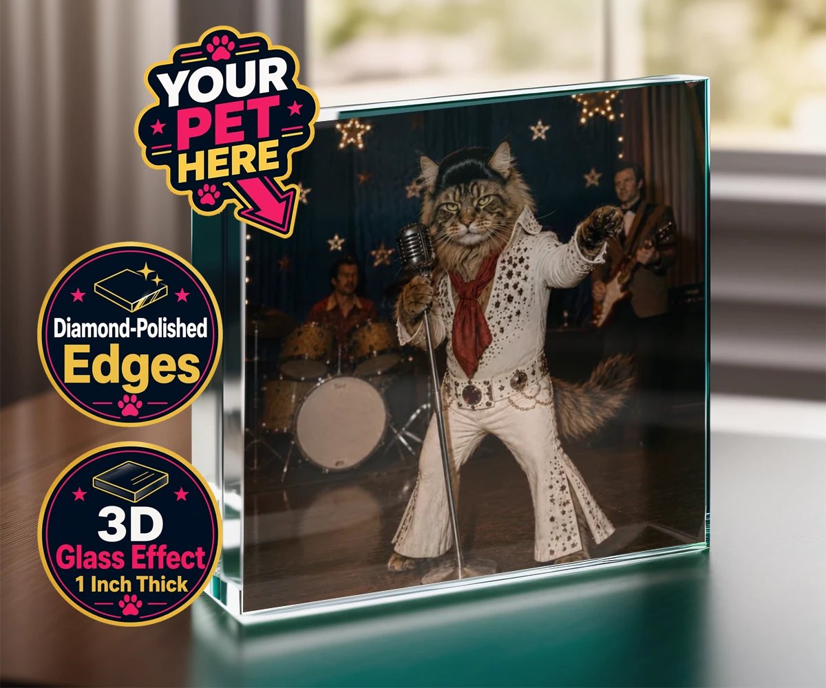 Personalised acrylic prism of a Rock ’n’ Roll cat in a white sequined jumpsuit with a red scarf