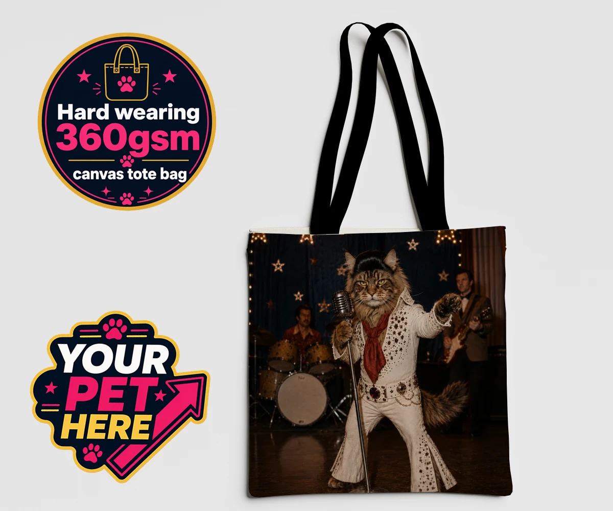 Personalised tote bag featuring Rock ’n’ Roll Pet cat in white sequinned jumpsuit and red scarf