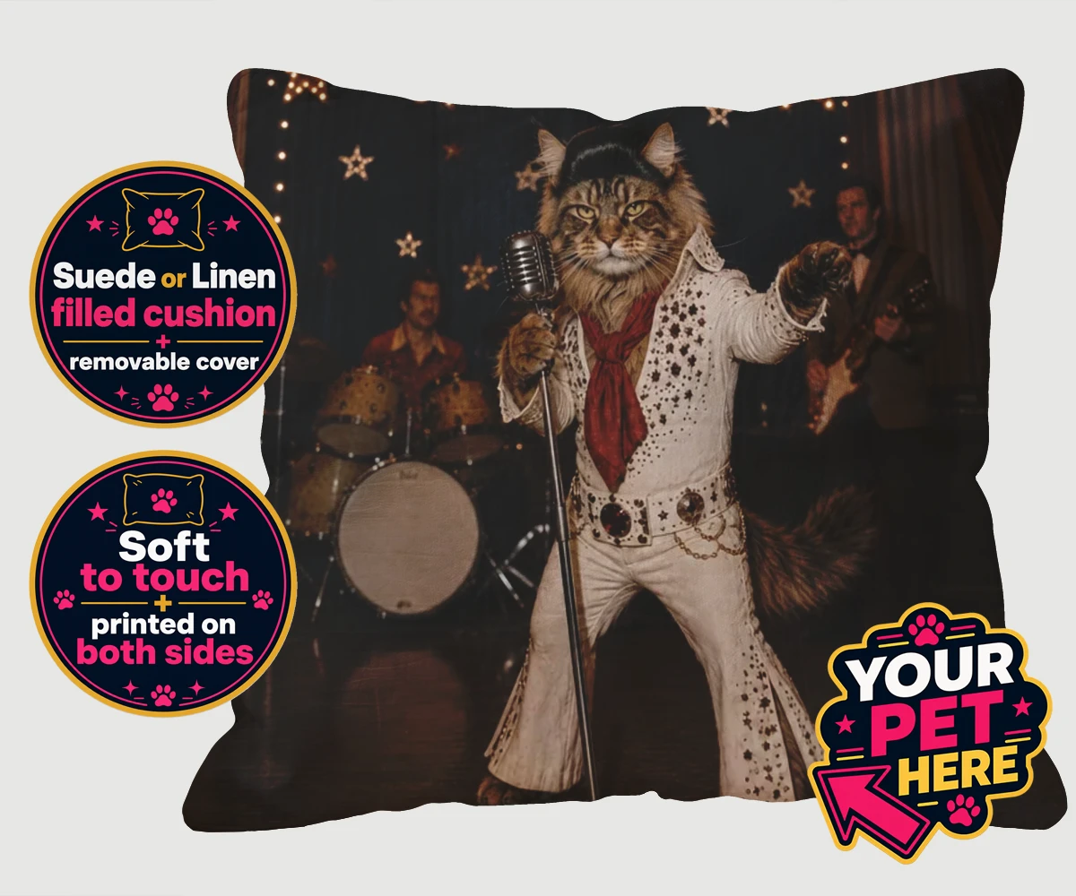 Personalised Rock ’n’ Roll cat cushion featuring a cat in a sparkling white jumpsuit and red scarf at a vintage microphone