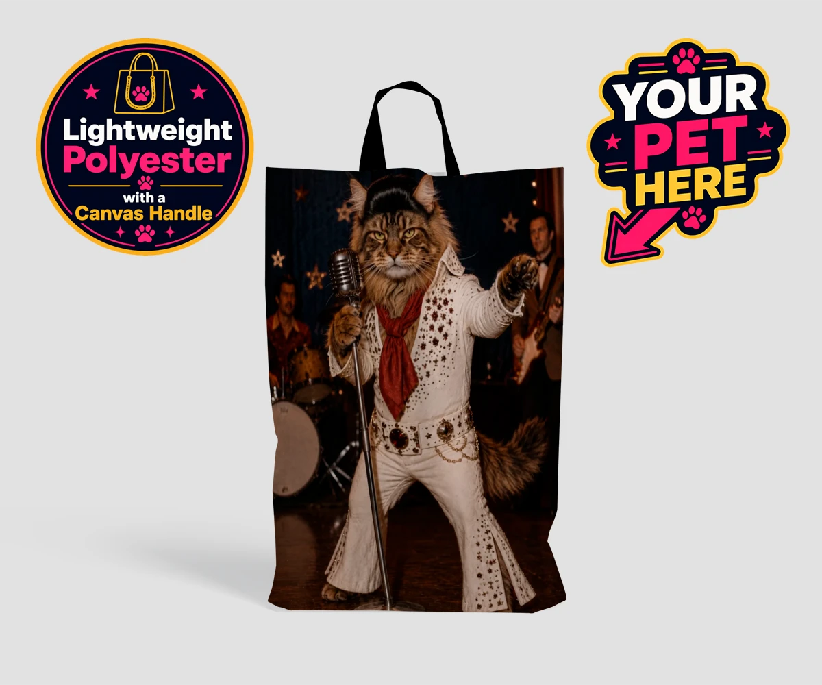 Personalised shopping bag featuring the Rock ’n’ Roll Pet cat in a sparkling white jumpsuit and red scarf