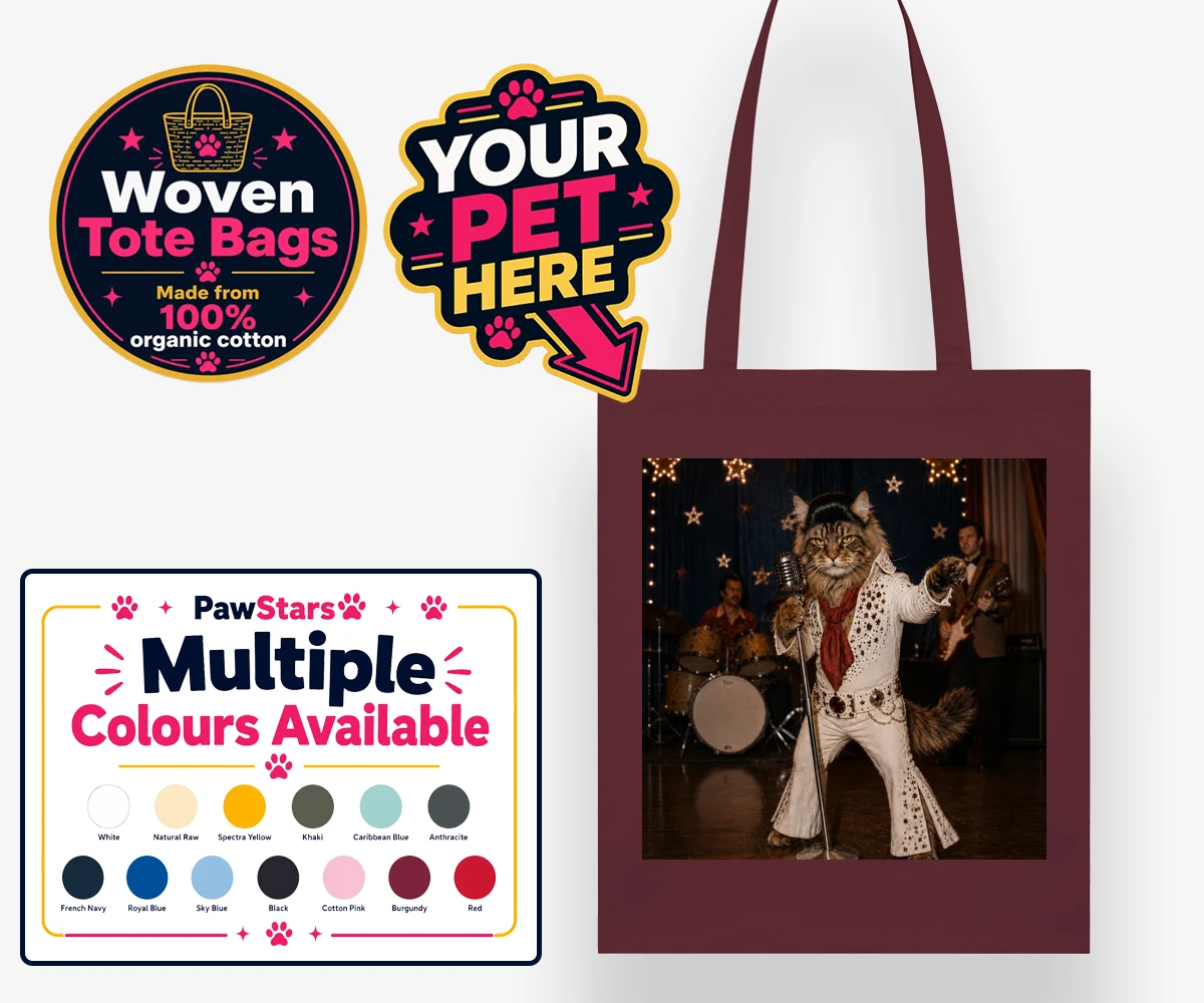 Personalised woven tote bag featuring a Rock ’n’ Roll Pet cat in a sparkling jumpsuit and red scarf