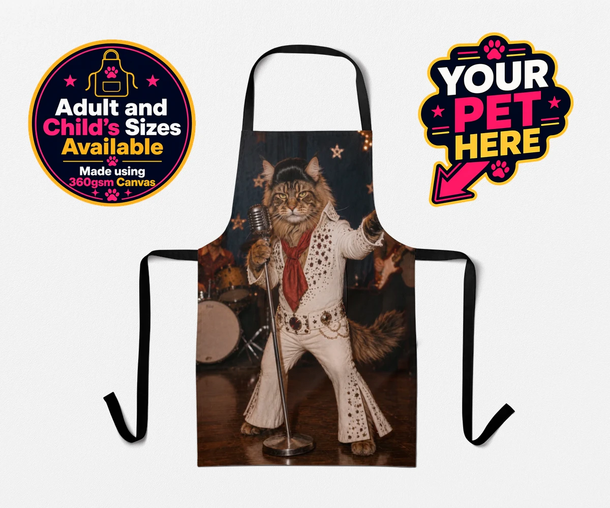 Personalised Rock ’n’ Roll Cat apron featuring a cat in a sparkling jumpsuit and red scarf