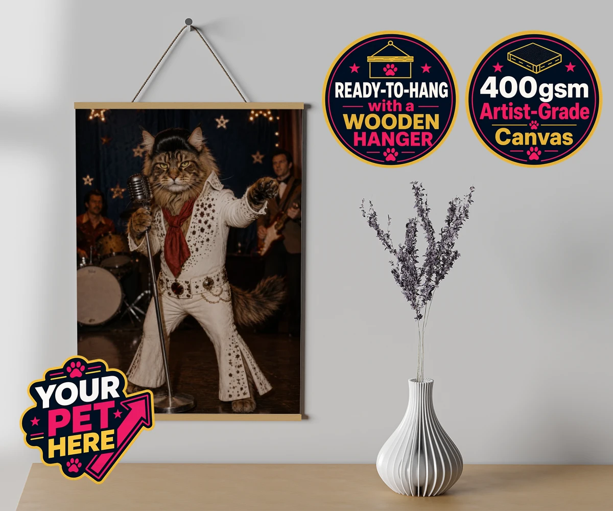 Personalised Rock ’n’ Roll Cat canvas poster print featuring a cat in a sparkling white jumpsuit and red scarf at a vintage microphone.