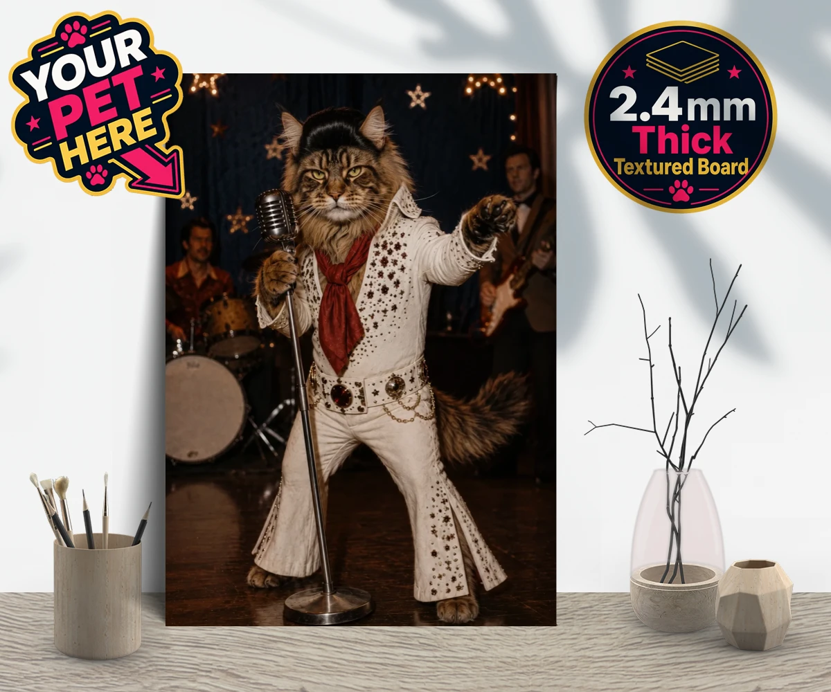 Personalised gallery board featuring Rock ’n’ Roll Pet cat in a sequined jumpsuit and red scarf