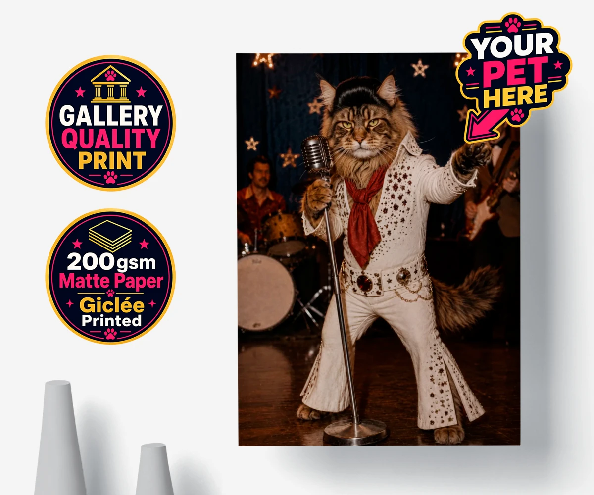 Personalised poster print of a Rock ’n’ Roll cat in a sparkling jumpsuit and red scarf at a vintage microphone