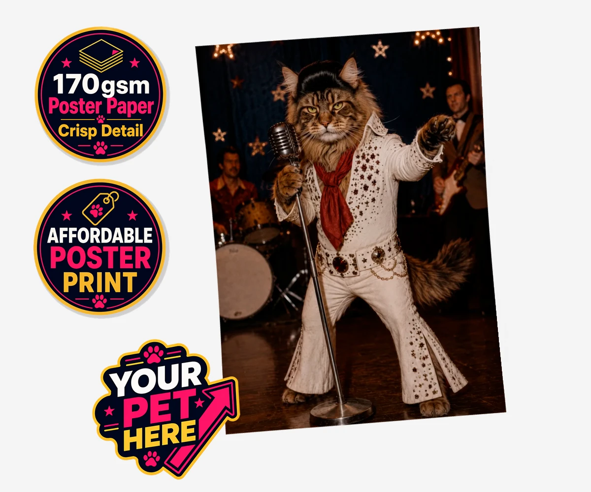 Personalised Rock ’n’ Roll Cat poster print featuring a sparkling jumpsuit and red scarf