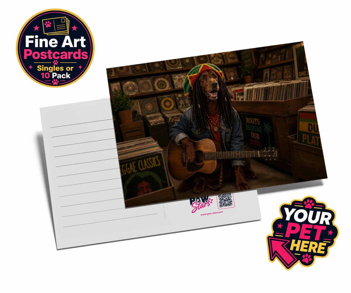 Personalised I Bit the Sheriff dog postcards featuring meet I Bit the Sheriff, a charismatic canine channeling his inner regg