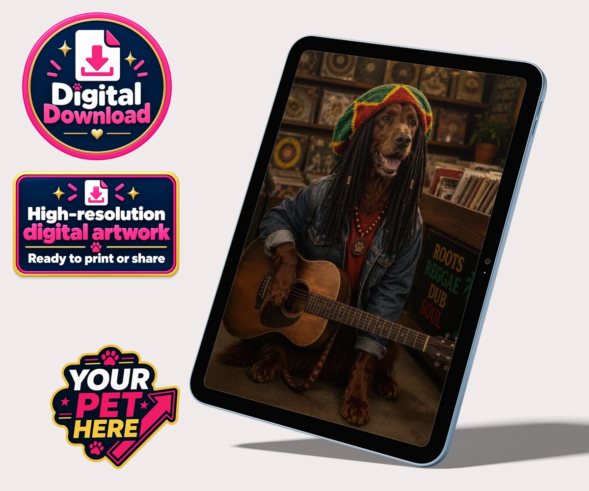 Personalised digital portrait of I Bit the Sheriff, a reggae dog in a denim jacket and Rastafarian hat