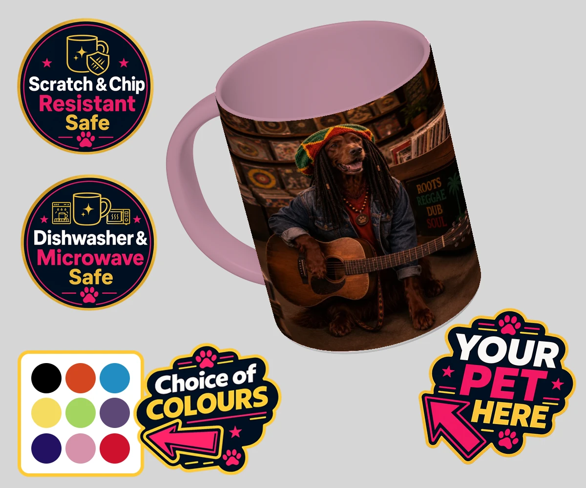 Personalised I Bit the Sheriff dog coloured photo mugs featuring meet I Bit the Sheriff, a charismatic canine channeling his inner regg