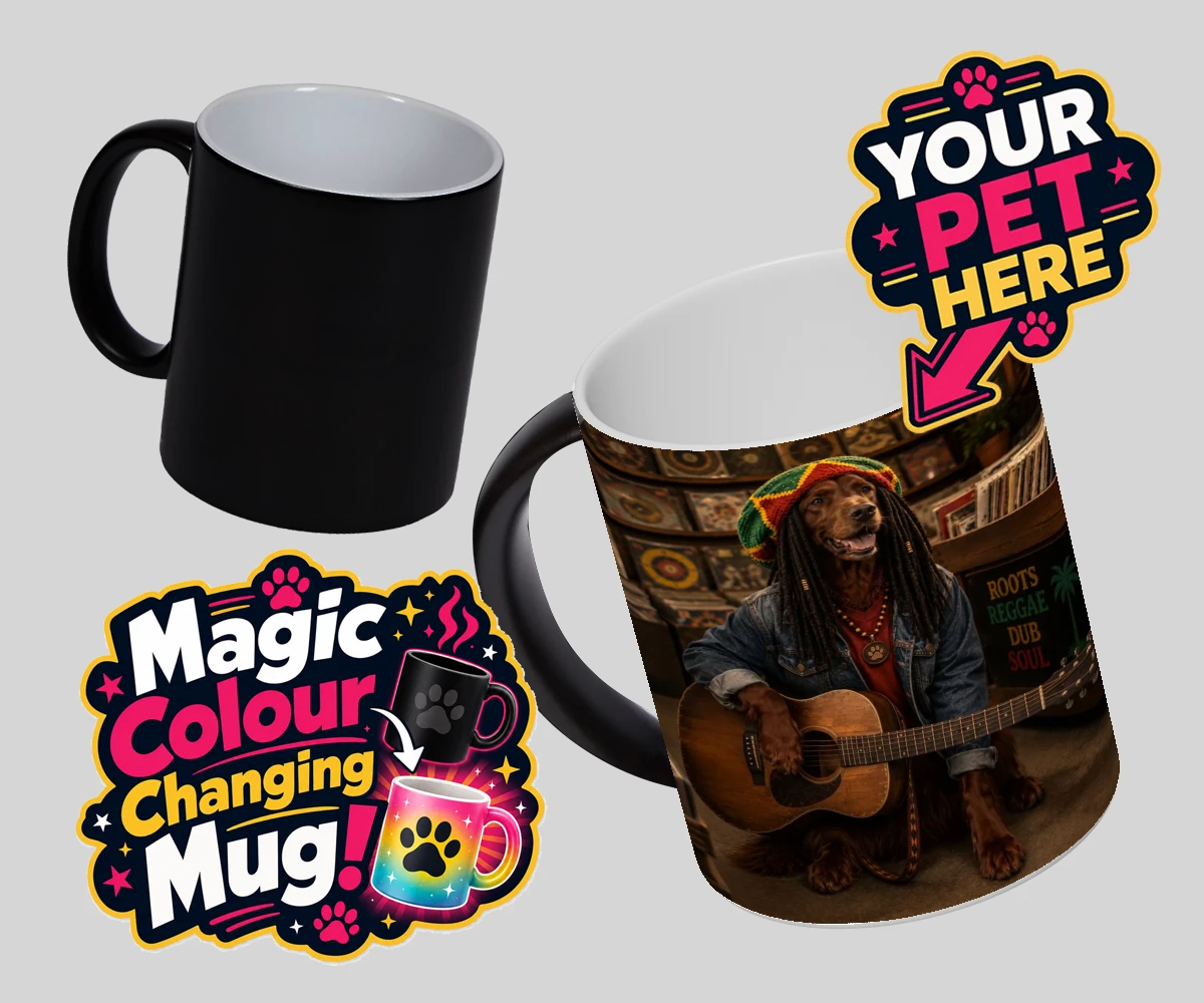 Personalised I Bit the Sheriff dog magic photo mugs featuring meet I Bit the Sheriff, a charismatic canine channeling his inner regg