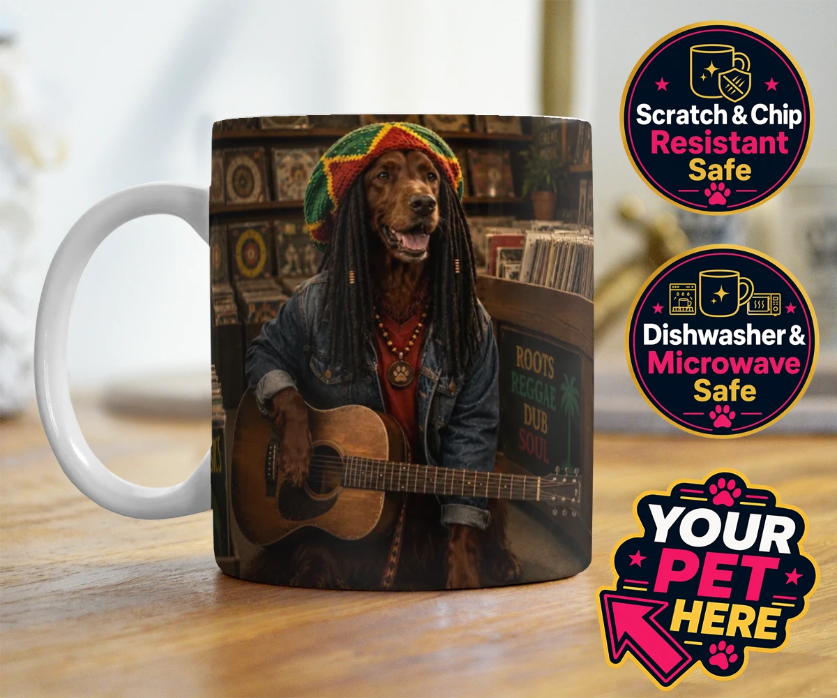 Personalised I Bit the Sheriff dog photo mugs featuring meet I Bit the Sheriff, a charismatic canine channeling his inner regg