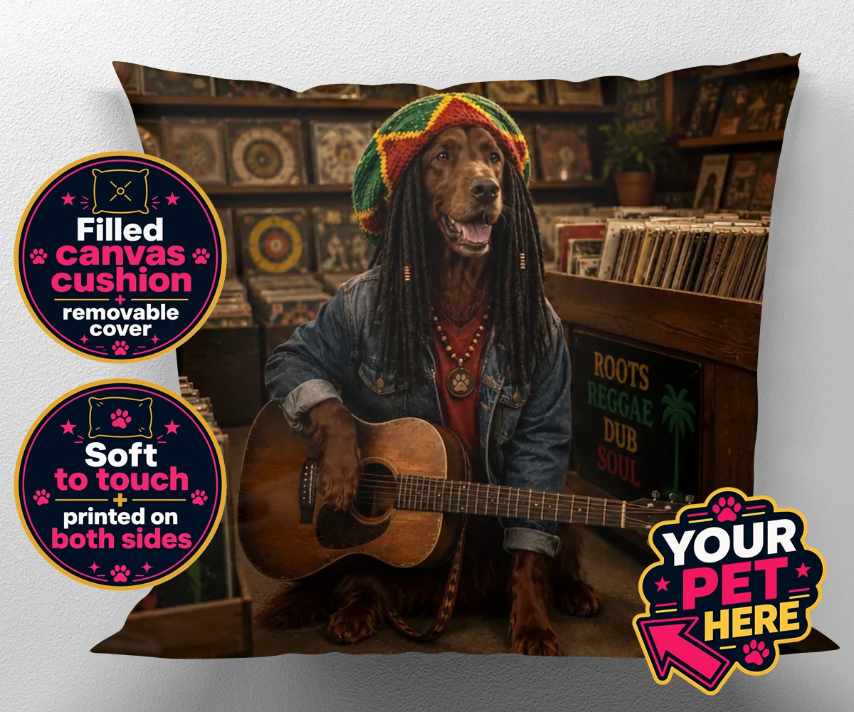Personalised I Bit the Sheriff dog canvas cushions featuring meet I Bit the Sheriff, a charismatic canine channeling his inner regg
