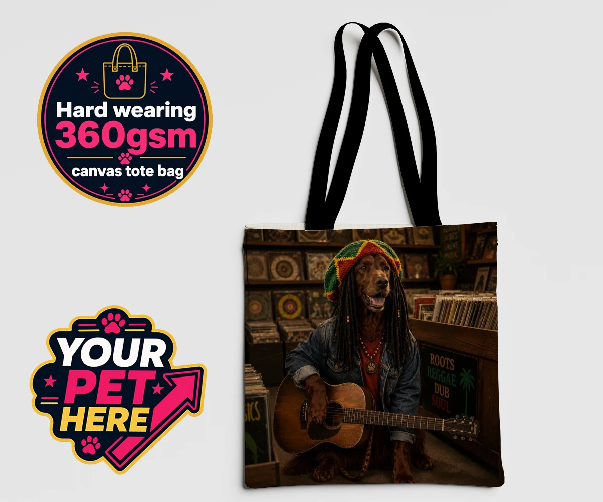 Personalised I Bit the Sheriff dog canvas tote bags featuring meet I Bit the Sheriff, a charismatic canine channeling his inner regg