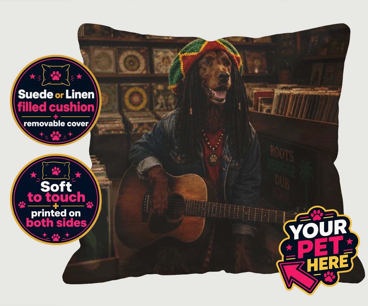 Personalised I Bit the Sheriff dog cushions featuring meet I Bit the Sheriff, a charismatic canine channeling his inner regg