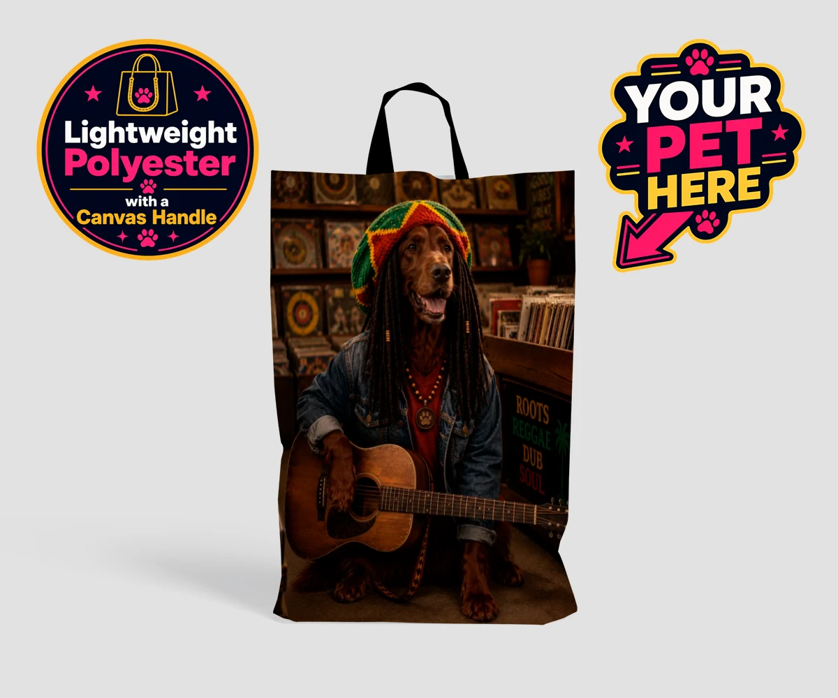 Personalised I Bit the Sheriff dog shopping bags featuring meet I Bit the Sheriff, a charismatic canine channeling his inner regg