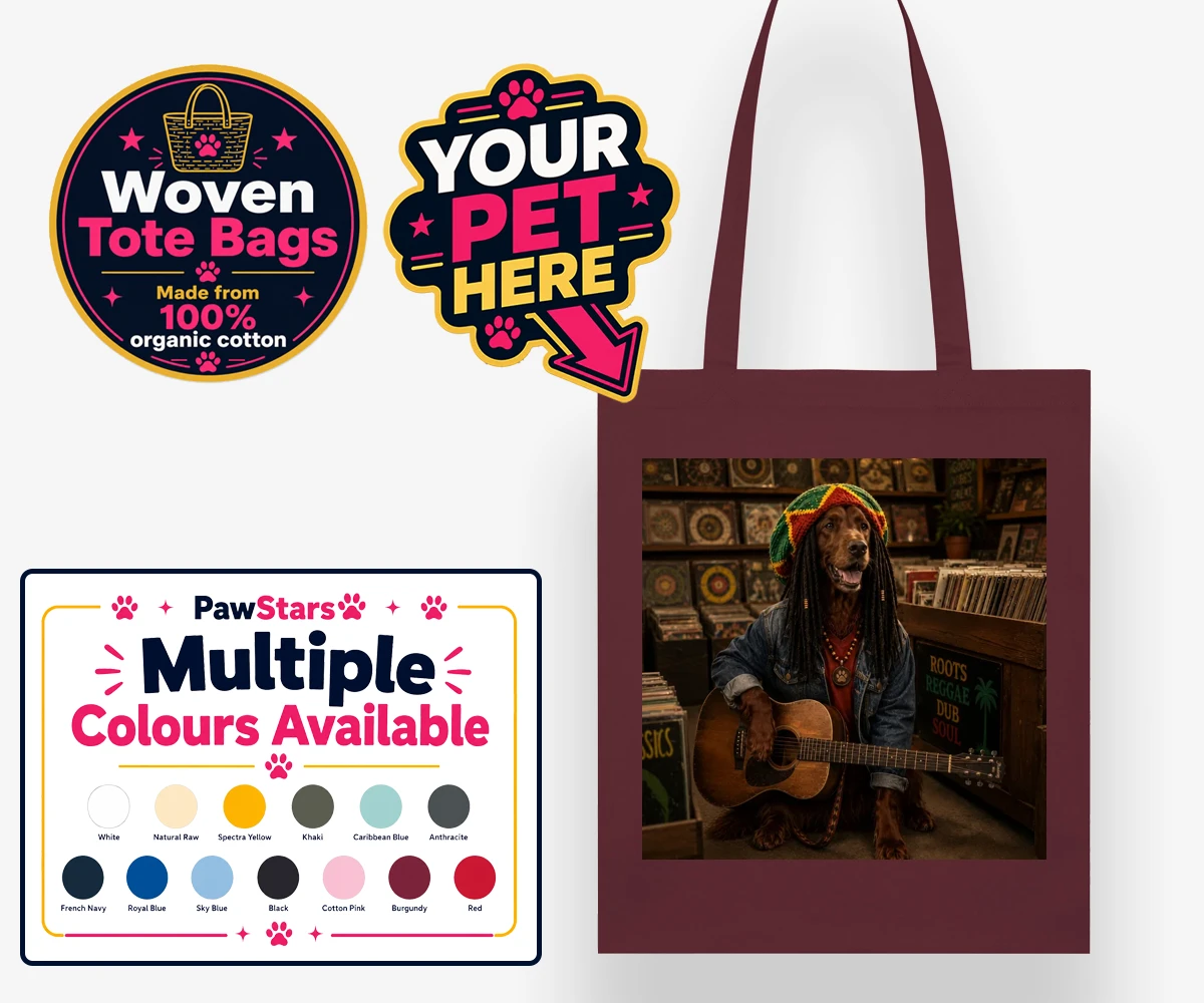 Personalised I Bit the Sheriff dog woven tote bags featuring meet I Bit the Sheriff, a charismatic canine channeling his inner regg