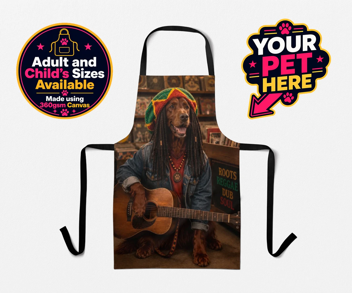 Personalised I Bit the Sheriff dog aprons featuring meet I Bit the Sheriff, a charismatic canine channeling his inner regg