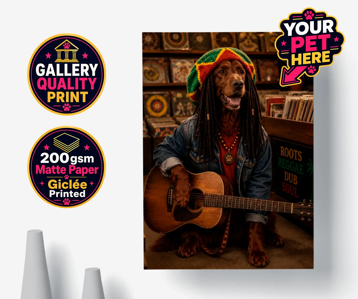 Personalised poster print of I Bit the Sheriff, a dog wearing a denim jacket and Rastafarian hat, playing guitar.