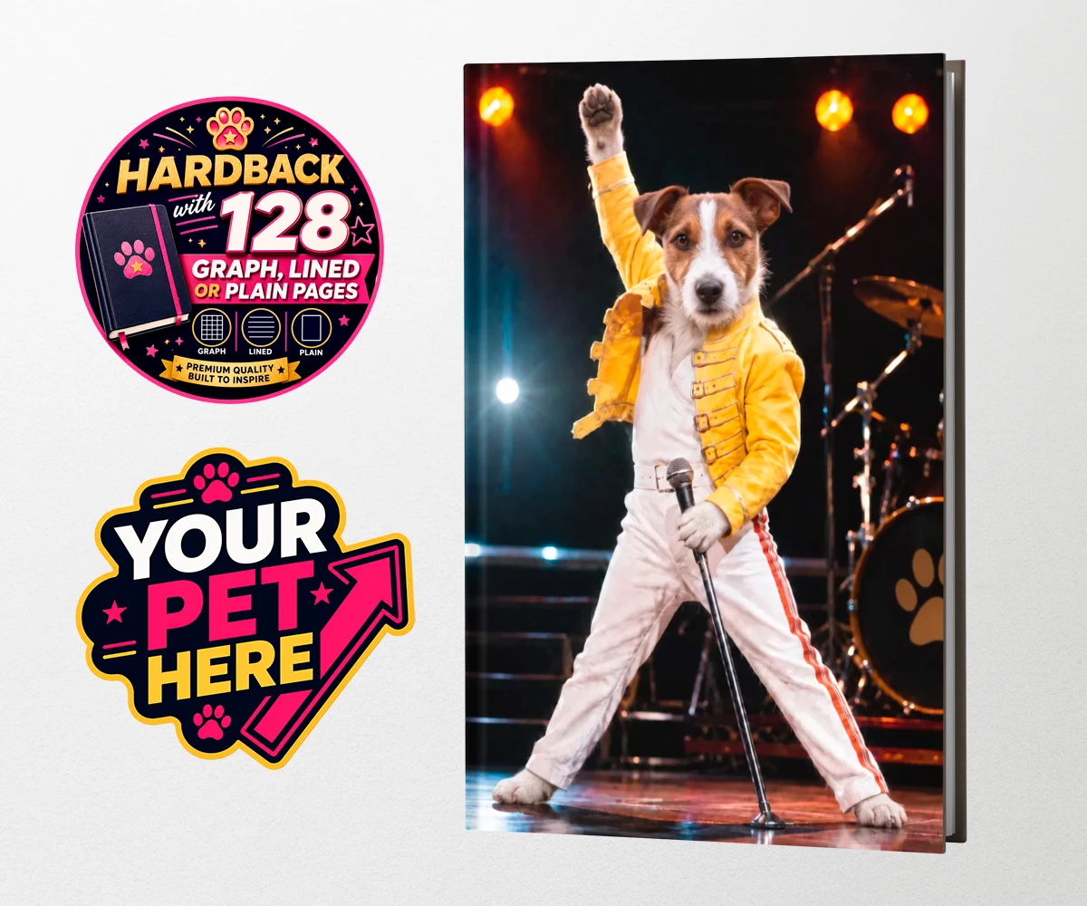 Personalised The Paw Must Go On dog hardback notebooks featuring meet "The Paw Must Go On," a delightful tribute to music legends that