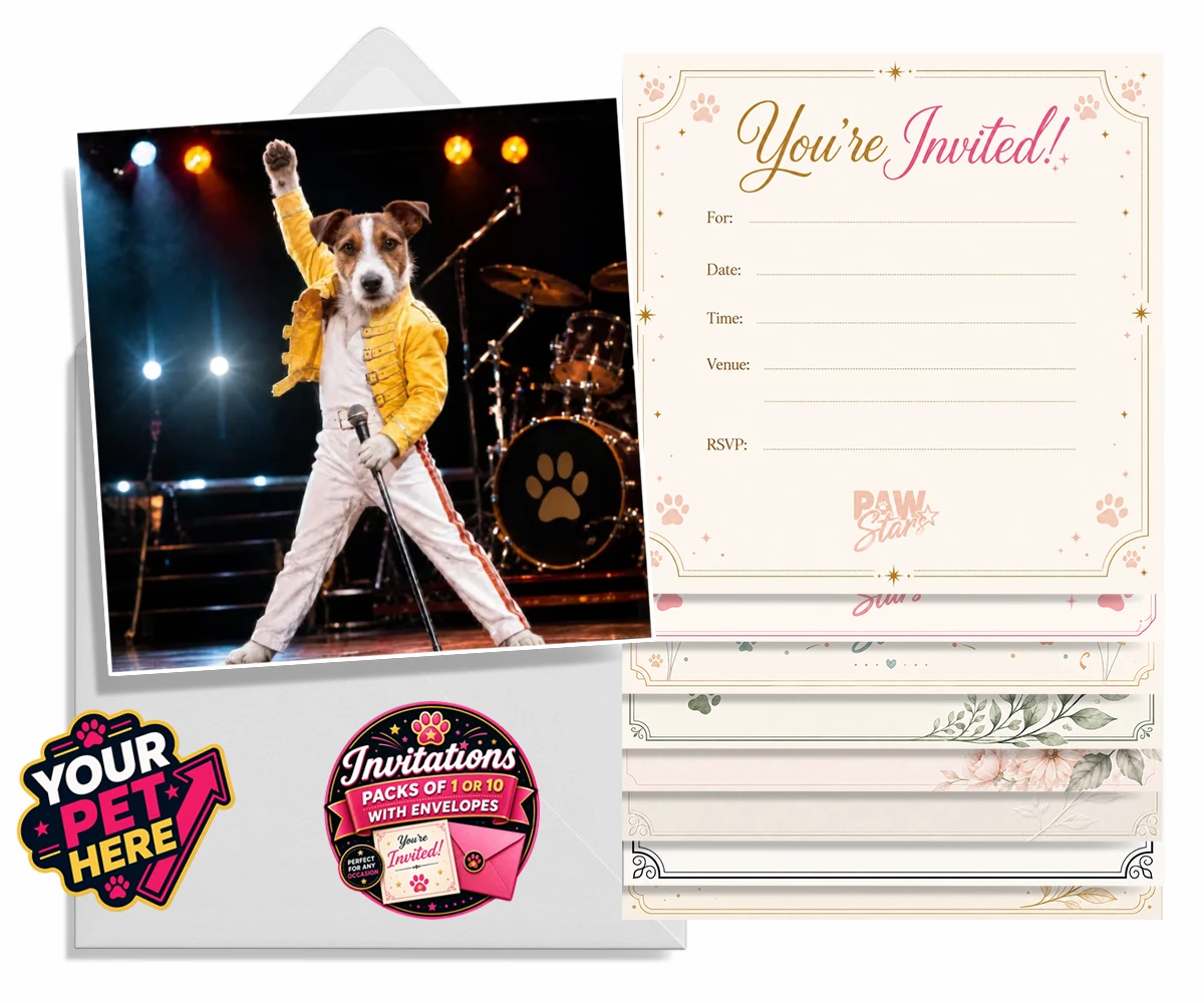 Personalised The Paw Must Go On dog invitations featuring meet "The Paw Must Go On," a delightful tribute to music legends that