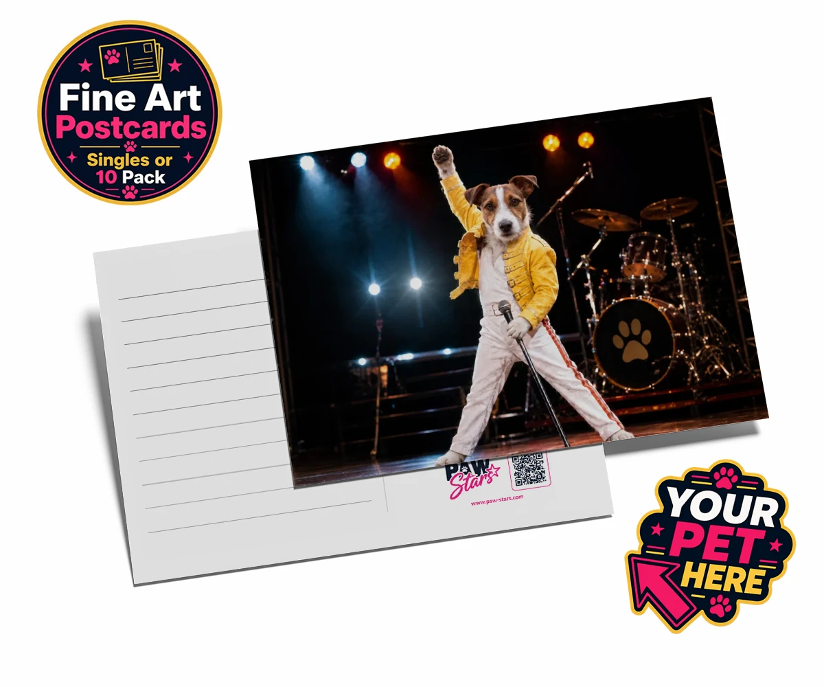 Personalised The Paw Must Go On dog postcards featuring meet "The Paw Must Go On," a delightful tribute to music legends that