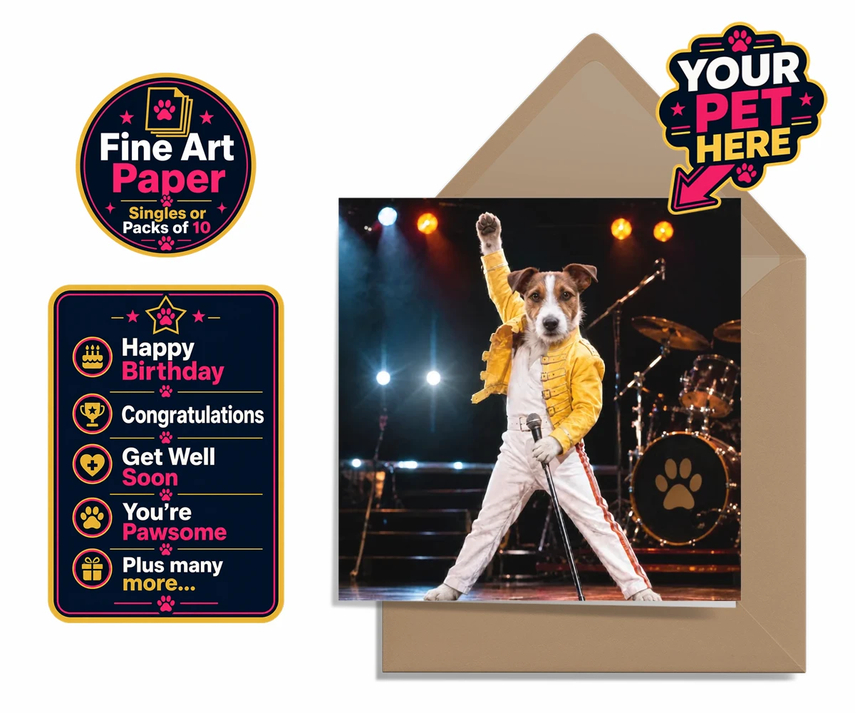 Personalised The Paw Must Go On dog premium greetings cards featuring meet "The Paw Must Go On," a delightful tribute to music legends that