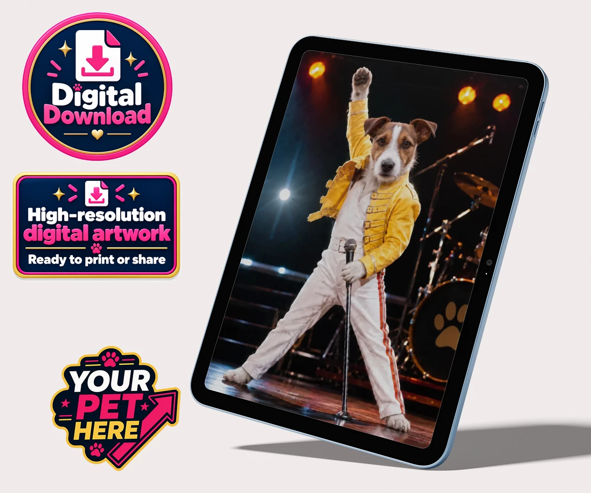 Personalised The Paw Must Go On dog personalised digital downloads featuring meet "The Paw Must Go On," a delightful tribute to music legends that