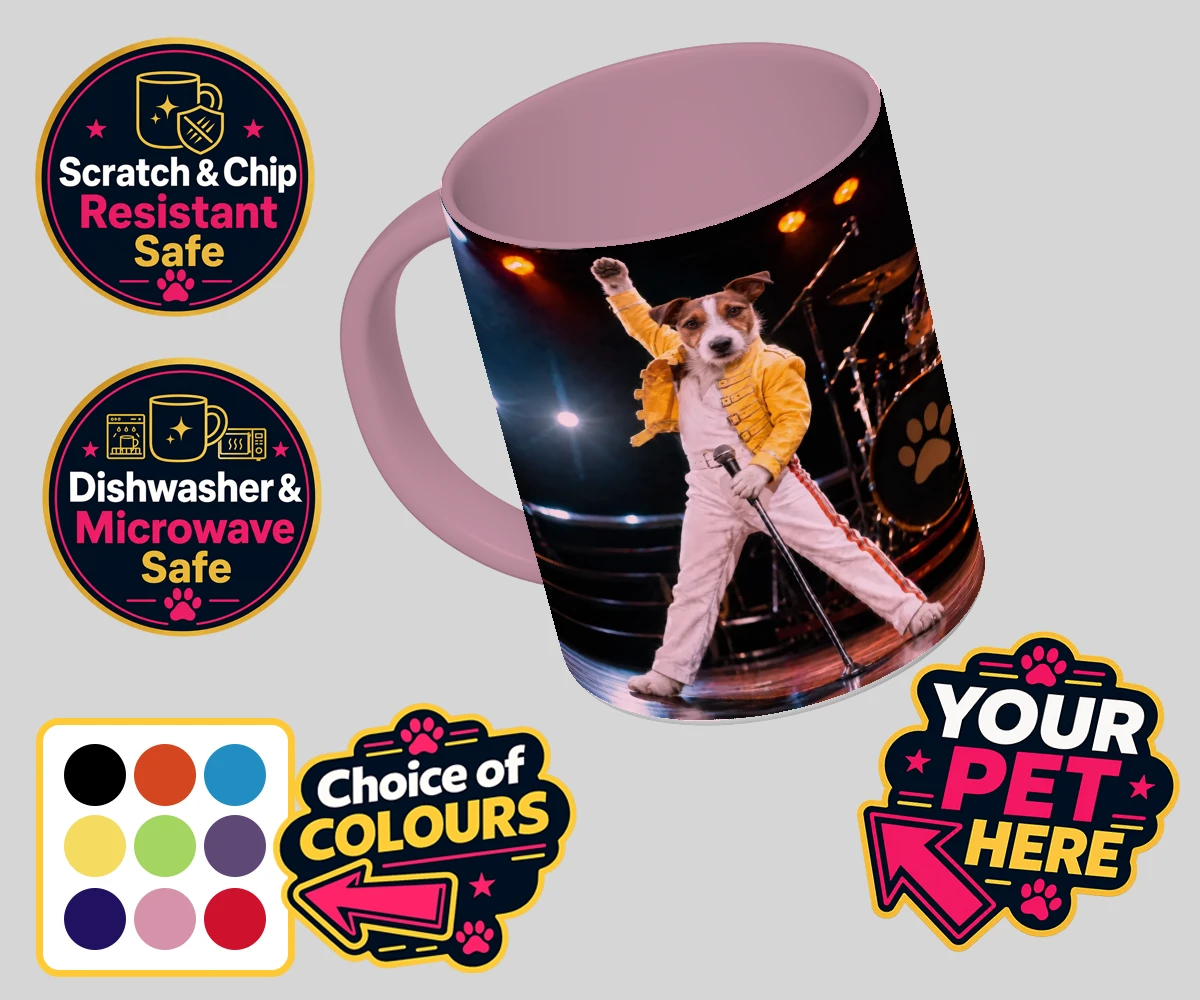 Personalised The Paw Must Go On dog coloured photo mugs featuring meet "The Paw Must Go On," a delightful tribute to music legends that