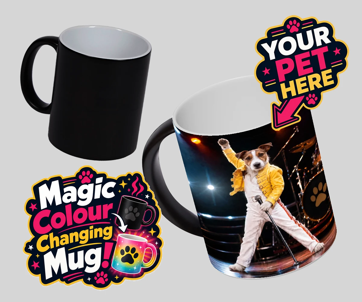 Personalised The Paw Must Go On dog magic photo mugs featuring meet "The Paw Must Go On," a delightful tribute to music legends that