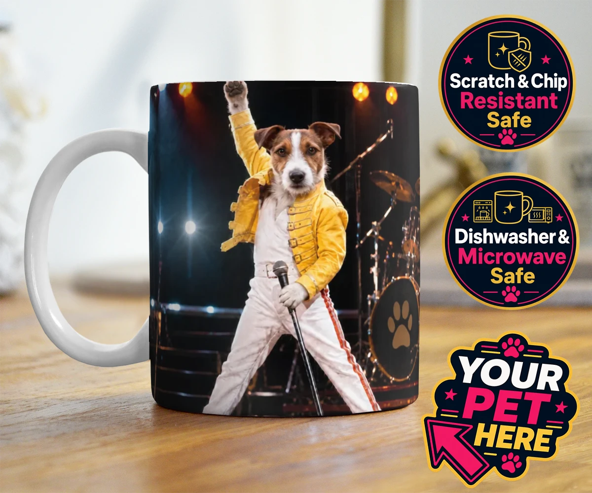 Personalised The Paw Must Go On dog photo mugs featuring meet "The Paw Must Go On," a delightful tribute to music legends that