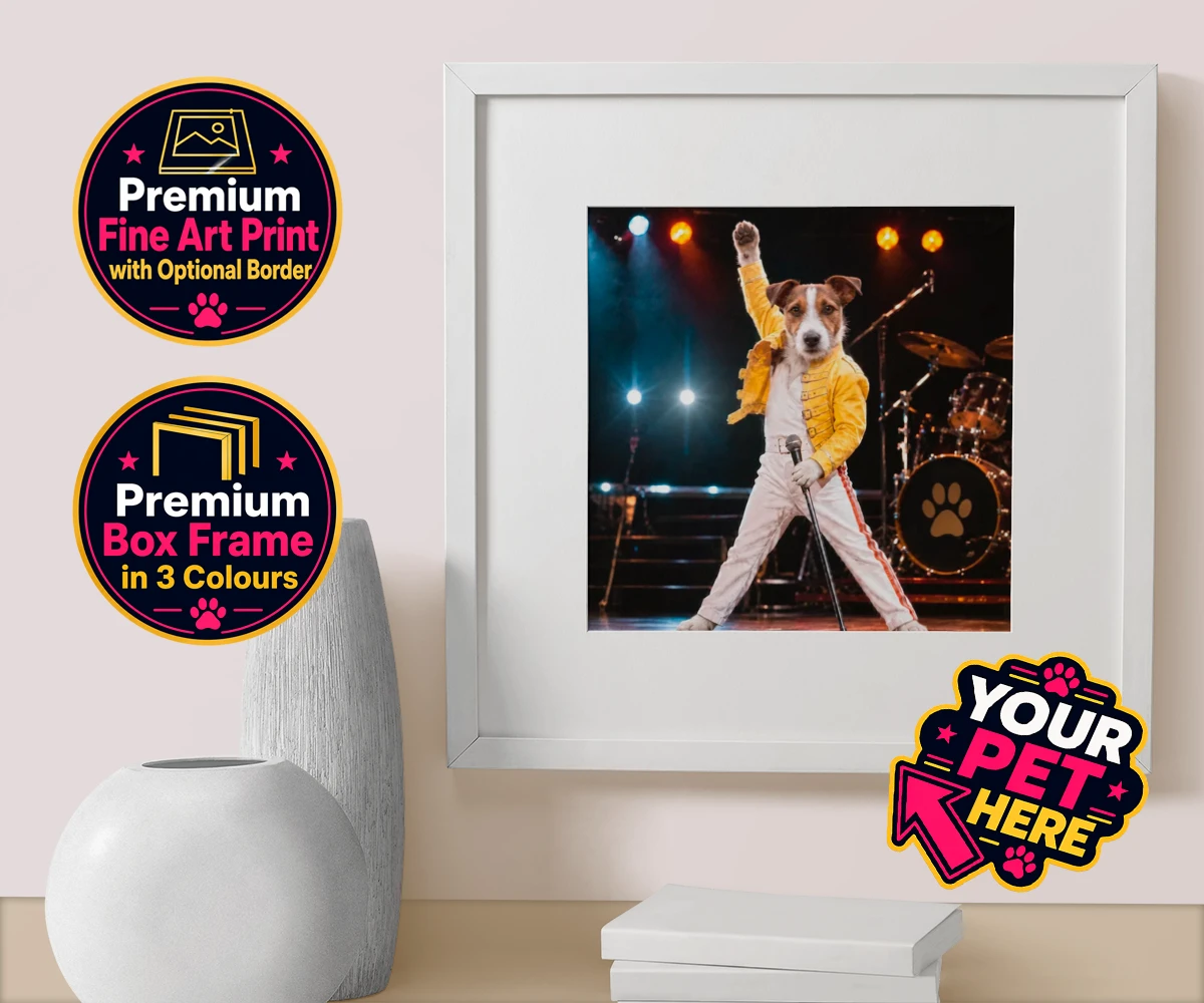 Personalised The Paw Must Go On dog box framed print featuring meet "The Paw Must Go On," a delightful tribute to music legends that