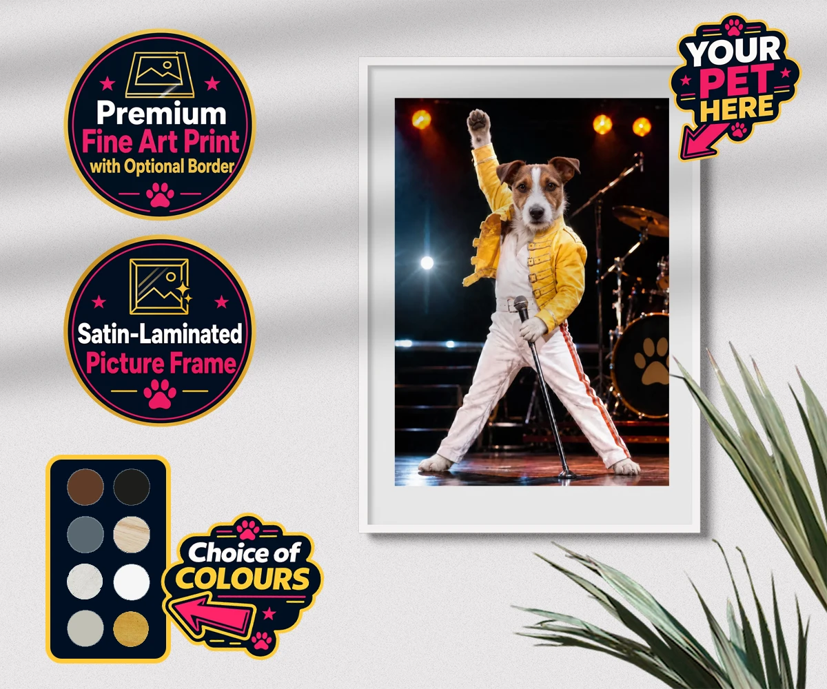 Personalised The Paw Must Go On dog premium framed print featuring meet "The Paw Must Go On," a delightful tribute to music legends that