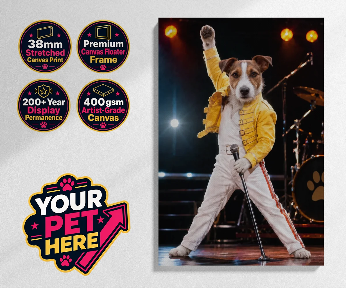 Personalised The Paw Must Go On dog stretched canvas print featuring meet "The Paw Must Go On," a delightful tribute to music legends that