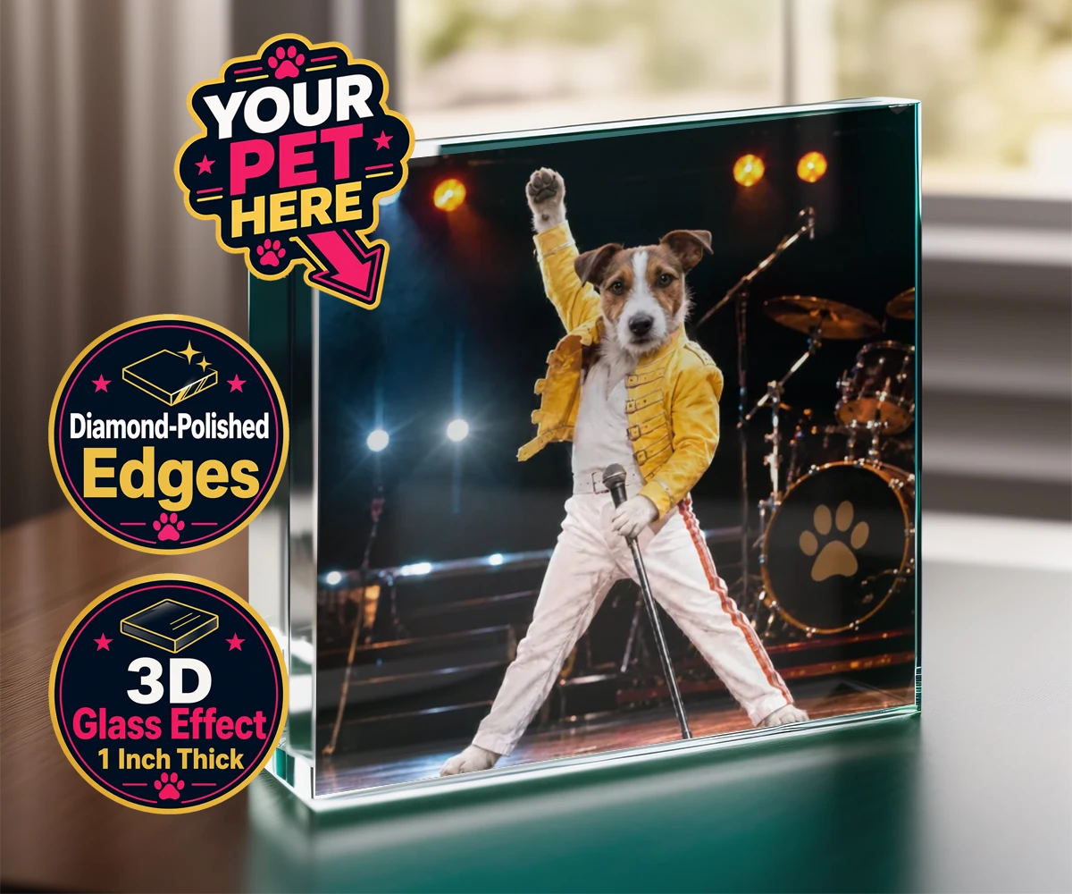 Personalised The Paw Must Go On dog acrylic prisms featuring meet "The Paw Must Go On," a delightful tribute to music legends that
