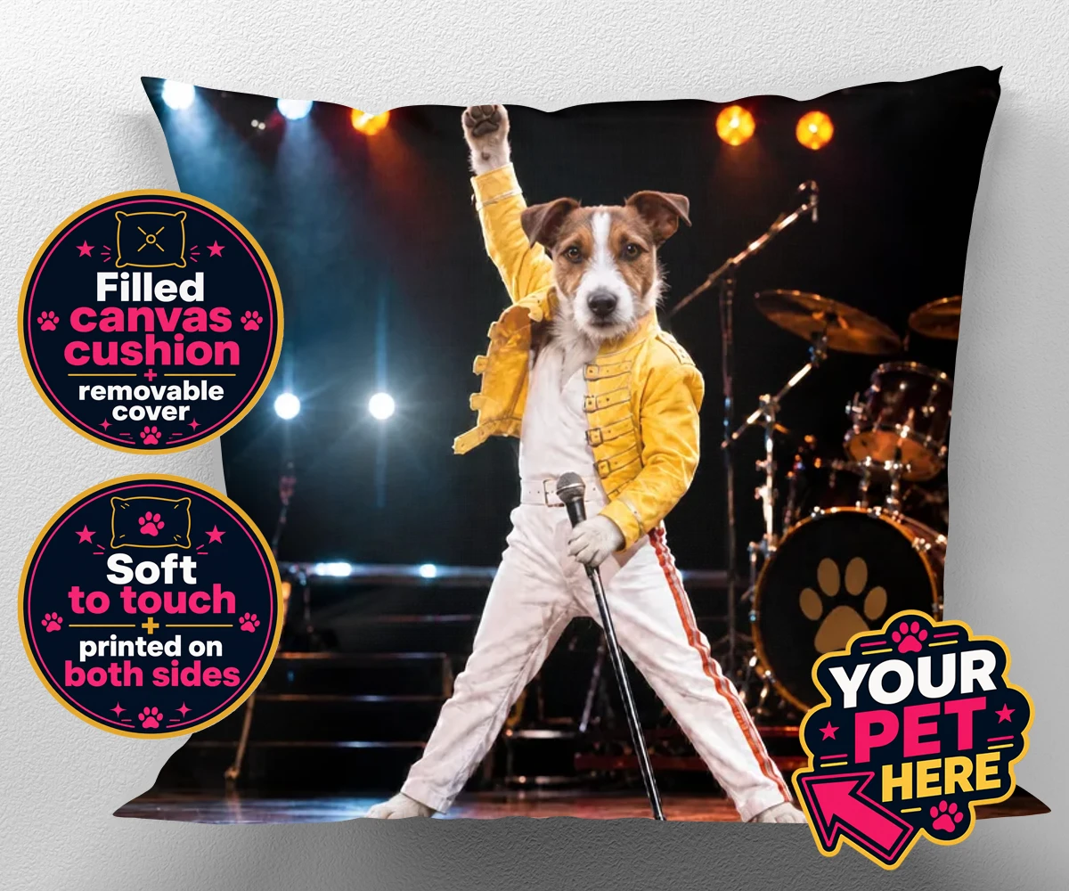 Personalised The Paw Must Go On dog canvas cushions featuring meet "The Paw Must Go On," a delightful tribute to music legends that