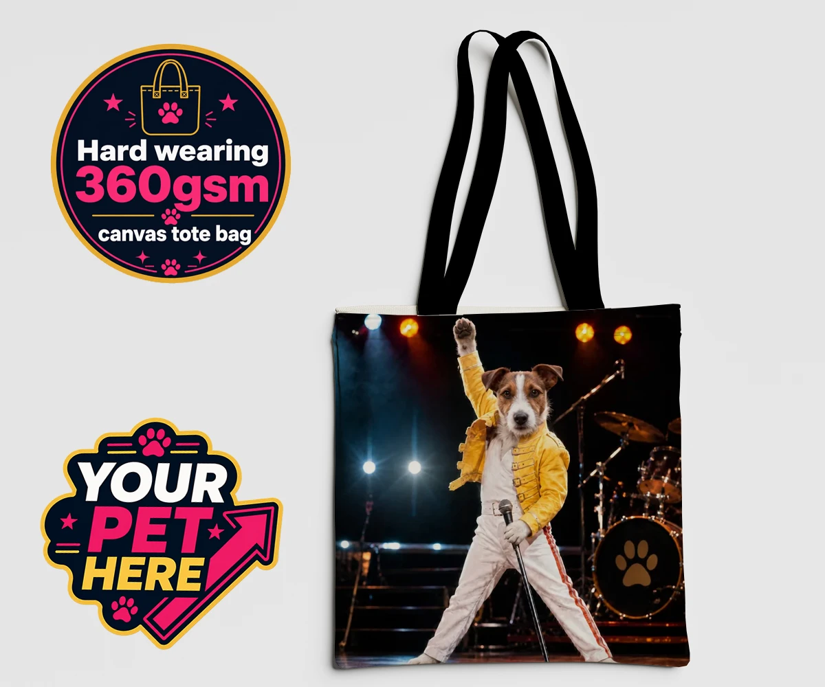 Personalised The Paw Must Go On dog canvas tote bags featuring meet "The Paw Must Go On," a delightful tribute to music legends that