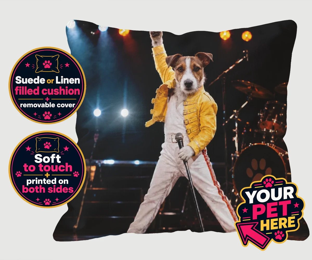 Personalised The Paw Must Go On dog cushions featuring meet "The Paw Must Go On," a delightful tribute to music legends that