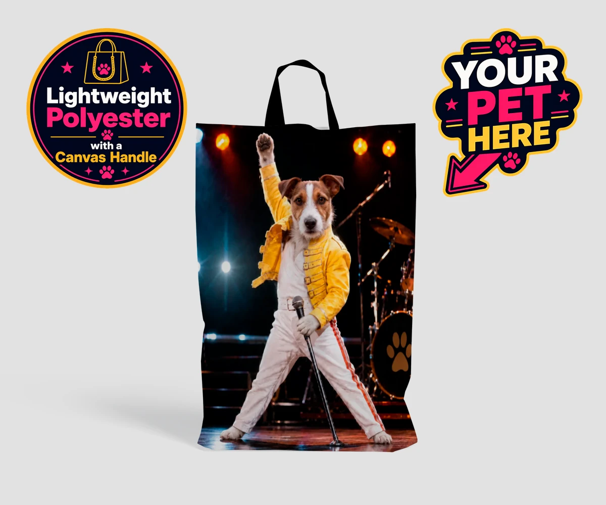 Personalised The Paw Must Go On dog shopping bags featuring meet "The Paw Must Go On," a delightful tribute to music legends that