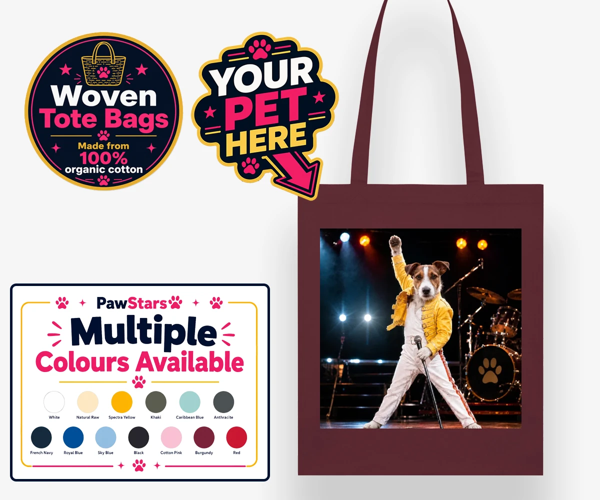 Personalised The Paw Must Go On dog woven tote bags featuring meet "The Paw Must Go On," a delightful tribute to music legends that